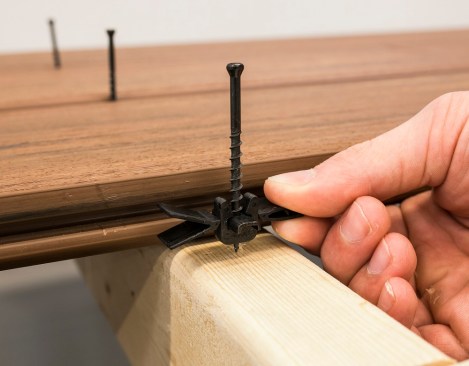 CAMO's EdgeClip hidden fastener system comes in two versions. This clip (shown here) is designed for angled decking, and has wings that are fitted into the deck groove prior to installation to hold the clip in place.