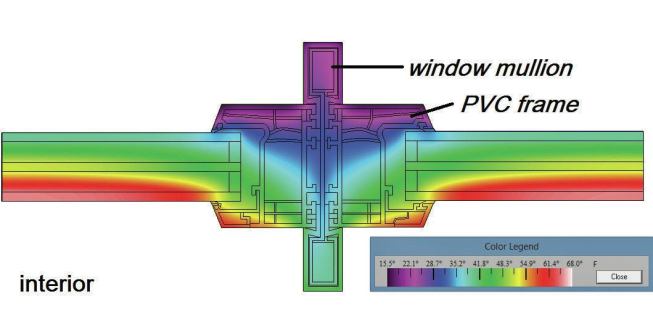 A THERM simulation shows that the window’s connection mullion is a condensation risk.