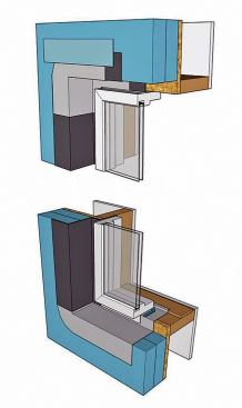 With extra thick layers of exterior foam, keeping a consistent “water control layer” can be complex. Building America’s latest “measure guideline” provides step-by-step guidance for solving water-sealing details around all types of wall penetrations, including windows. In the examples shown, the water-control layer is applied over the foam. Details for applying it under the foam for both “innie” and “outie” windows are also provided. 