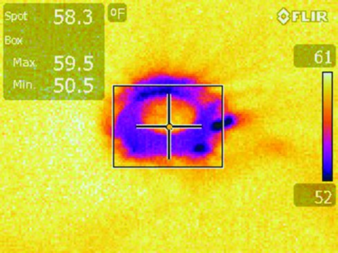 When a house is depressurized with a blower door, the infrared scan reveals tell-tale “fingering” as cold air gets pulled along the ceiling.