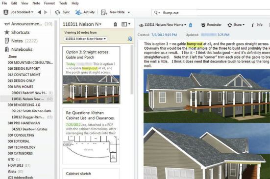 Evernote’s customizable desktop organizes Notebooks into Stacks (left column), and displays sorted notes from the active notebook (center), as well as the active note (right). Search results highlight every instance of the search term (“bump-out” in this example).