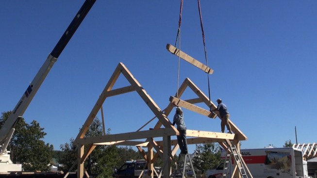 Toby and Chris lower the pair of purlins onto the rafter frame.