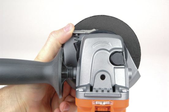 Ridgid’s guard can be rotated to the desired position by simply using your thumb to push a spring-loaded lever that unlocks the guard. Tool-free guard adjustments also can be found on the DeWalt, Hilti, Metabo, and Milwaukee grinders.