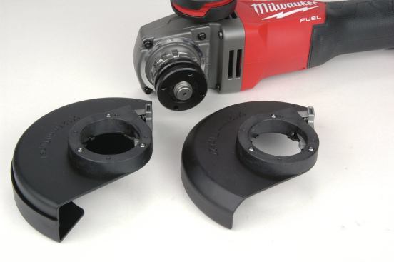 The Bosch, DeWalt, and Milwaukee (shown) each come with two guards: a standard Type 27 grinder guard (on right in photo) and a more enclosed Type 1 cut-off wheel guard that provides greater personal protection in the event that a sharp cut-off wheel throws fragments into shrapnel at high speed. DeWalt, Hilti, and Milwaukee grinders all come with 5-inch guards, giving them the flexibility to be used with either 4 1/2- or 5-inch accessories.
