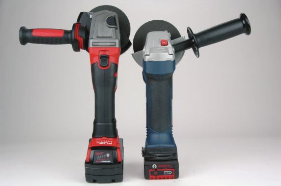 Side handles for the grinders can be threaded into the right or left side of the tool, and in the case of the Ridgid, also in a third position straight up above the head of the tool. Some handles are perpendicular, such as the Milwaukee (left) or are steeply angled like the Bosch (right). Angled handles provide a wider grip stance but can get in the way at the front of the tool. I didn’t have a preference, and in fact, the experts at the fabrication shop usually use the tools without front handles so they can grip the tool closer to the front to improve handling. The rubber bushing in the Milwaukee’s handle noticeably isolates vibration from your hand.
