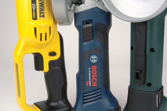 There are three types of grinder switches. The trigger switch on the DeWalt (left) can be locked off but not locked on so it offers the least amount of grip flexibility. Bosch, (center), Hitachi, Milwaukee, and Ridgid feature lock-on slider switches. These offer the best freedom of motion for both the tool and your hand position. But if the grinder were ever to get away from you while running, look out! The Metabo (right) and Hilti have paddle switches, also called a “dead man switch” because if you let go of the tool, it stops. There’s a safety lever that must be pushed for the switch to work to prevent the tool from turning on if it’s set down on its trigger. Once on, you can move your hand around somewhat as long as it’s still holding down the switch, so it is possible to choke up on the tool to shift your grip forward.