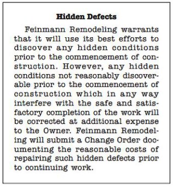 Sample hidden defects clause