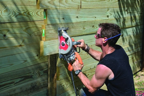 After setting his saw’s cutting depth to the thickness of the planks and snapping a line, the author cut them to length in place.