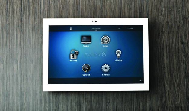 But in most houses, a Control4 home automation interface takes over the job of the thermostat. This Control4 panel also manages lighting, audio, video, and more.