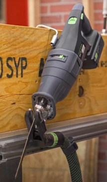The cordless Festool RSC18 comes with a number of useful features, including an adapter that allows you to position the end of a vacuum hose  near the  blade, a ladder hook, and a quick-disconnect collar that ejects the blade .