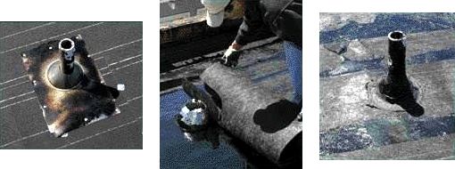 • Flashings are bedded in plastic roof cement over the base sheet, nailed in place, and primed to make the hot asphalt stick better. • The roofing felt and asphalt are laid over the flashings.• The flashing is then sealed with roofing cement and coated with an aluminum paint to protect it from UV light.