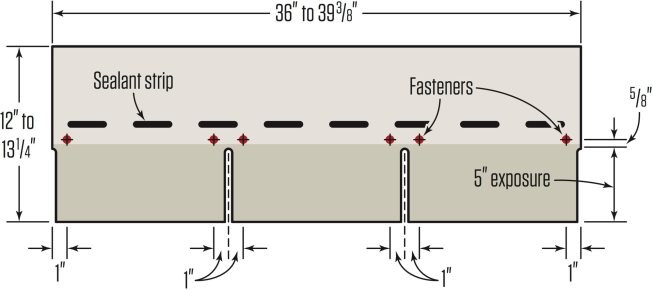 Most installations require four nails per shingle, directly above each cutout and 1/2 in. in from each end. In high-wind zones, use six nails per shingle, as shown, Caution: Do not nail onto or above sealing strip, or shingles may not seal properly. For added wind protection at rakes and around penetrations, bed shingle tabs in a quarter-size dot of roof cement applied at regular intervals about 1 inch in from the edges (to avoid squeeze-out).