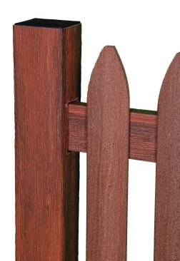 Fiberon’s composite fencing features a rout-and-lock system, where the rails are recessed into precut slots in the posts.
