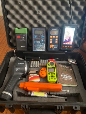 The author’s inspection case contains a range of tools for measuring moisture.