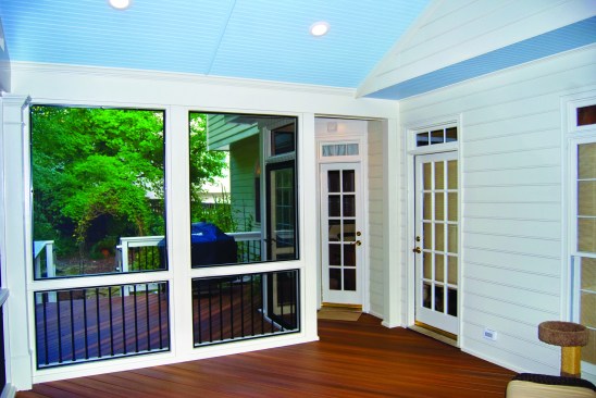 Try to locate the porch door away from seating areas, preferably on a side wall rather than an end wall. Sometimes the door can be located in an offset extension outside the main porch area.