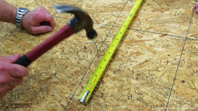 Within 4 feet of the rake, sheathing panels should be nailed to the roof with ring-shank nails spaced 4 inches on-center on the edges and 6 inches on-center in the field. On the rest of the roof, the ring-shank nails should be spaced 6 inches on-center everywhere.