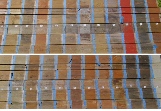 Here is how the finishes fared on each type of wood decking after 28 months of exposure. From top to bottom in both photos, the decking is micronized-CA-treated southern yellow pine; well-seasoned western red cedar; lodgepole pine; ipe; ACQ-treated southern yellow pine; and seasoned ACQ-treated hem-fir decking. The numbers on the decking can be used along with the chart to identify each finish.