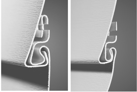 The stiffness of a vinyl panel is more affected by the butt dimension and the lock profile than by the gauge of the vinyl. A square butt (near right) will stay straighter and droop less than a post-formed edge (far right).