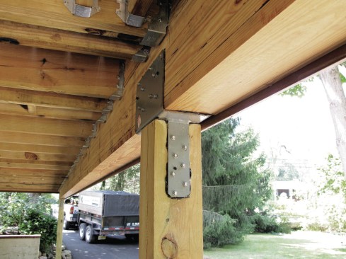 Metal connectors help keep posts and beams aligned at this critical load-path connection but also play an overlooked role in resisting uplift loads. The fasteners should be checked per Figure R507.5.1(2) (shown below) in the 2021 IRC for a covered-deck uplift load.