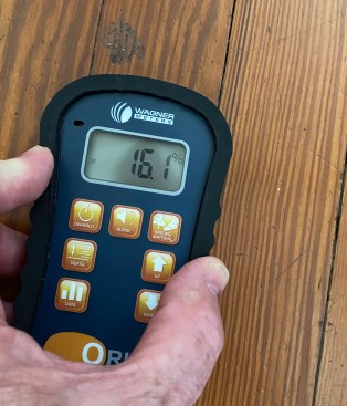 The author likes the Wagner Orion 950 pinless meter for its ability to save and record several readings, including moisture content, equilibrium moisture content (EMC), relative humidity, temperature, time, date, and location. Calculated results can be deliver on the author’s phone (left) and reports can be sent via email.