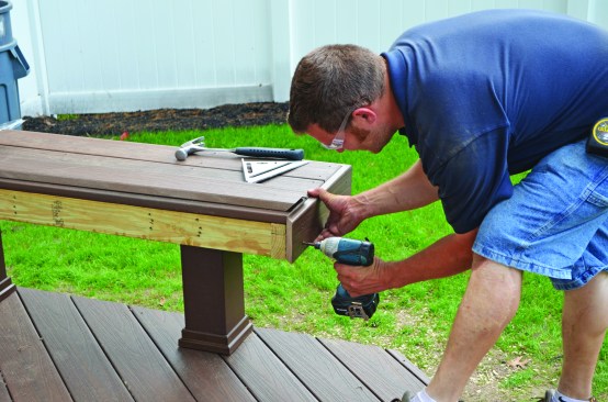 The bench was finished using the same Fiberon material used for decking and deck trim.