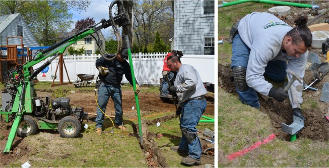 A specialty contractor drives a helical pier into the soil until the torque required for driving the screw reaches the level that indicates sufficient bearing capacity (above left). At right, a worker installs one of the brackets that will support the deck's carrying beam. Photos by Jim Finlay