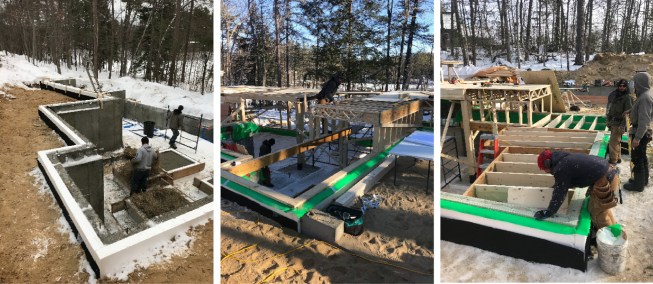 Sited on a buildable wedge between the road and the pond, the house steps down toward the water. Left, the foundation in place with the water side open; middle, the first framed floor under construction; right, carpenters frame the split-level entry on the uphill (road) side. (Photos by Jesper Kruse)