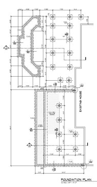 The foundation plan showing the location of deck piers and the layout for the deck's footings and foundation walls.