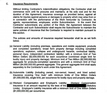 Sample of contractor insurance requirements as stipulated in a contract.