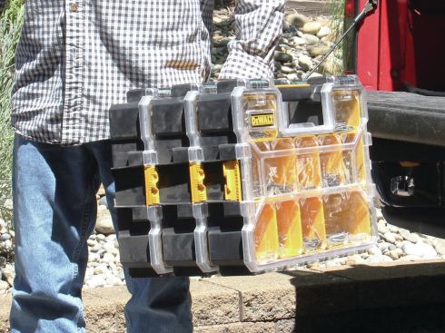 The DeWalt Pro organizers can be carried alone or ganged together.