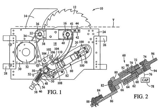 This is from the PTI patent. Figure 1 shows the blade retraction system under normal operating conditions. Figure 2 is a cutaway of the blade retraction mechanism. A cylinder (66) fits inside a cylinder bore (64). When the spinning blade touches flesh a capacitor sends a burst of high amperage electricity through a wire (78) and into a pin (74) that causes a .22 calibre cartridge (68) to fire.