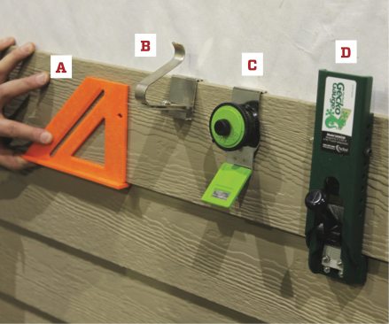 There are dozens of different gauges; four are shown in the photo above. Gauges can be as simple as a plastic framing square cut to the size of the siding reveal (A). (We label ours with their size and store them
in a bucket for future projects.) The second gauge (B) is preset to the size of the overlap and slips over the top of a siding course to hold the board above in place, allowing one person to install long lengths. The third one (C) also slips over the top and lets you dial in the size of the reveal. The fourth gauge (D) clamps to the bottom of the course below. It adjusts to the size of the reveal and locks in place with a lever.