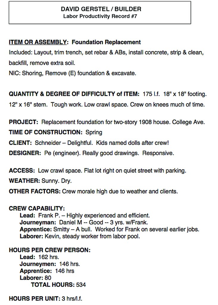 Sample labor productivity record. Think of a productivity record as a narrative telling the story of an installation, in this case of a foundation replacement. Like any good story, it includes characters, time, and place—the crew that did the work, the time it took them to complete the work, and the site where they performed the work. Crucially, the record boils time down to a unit cost, which in this case is hours per linear foot, that can be used in future estimates.