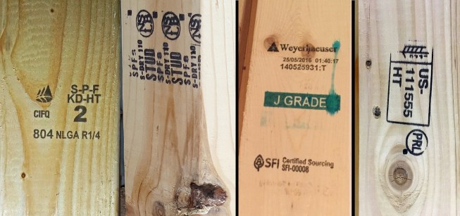 “Legal” lumber grades must have a grade stamp listed by the American Lumber Standard Committee (ALSC); these stamps (left two images) are among them. The “J-Grade” stamp signifies a premium export grade for the Japanese market that has been intermittently available recently owing to transportation disruptions (third image from left). But while considered “better,” it’s not technically listed for use in the U.S. The IPPC tag (at far right) certifies “heat treated” (HT) wood for pallets (good for killing insects which is important for shipping across borders), but it's not allowed for structural uses. An "HT" designation without "KD" (kiln-dried) should be a red flag to avoid.
