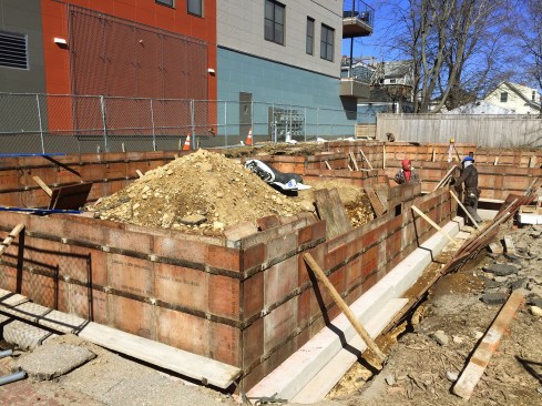 Forms in place as the crew prepares for the concrete pour.