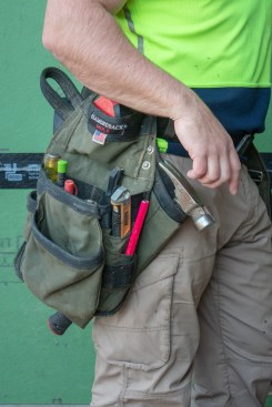 The left side bag has an all-too-rare element in tool-pouch design: a slot for a layout square.