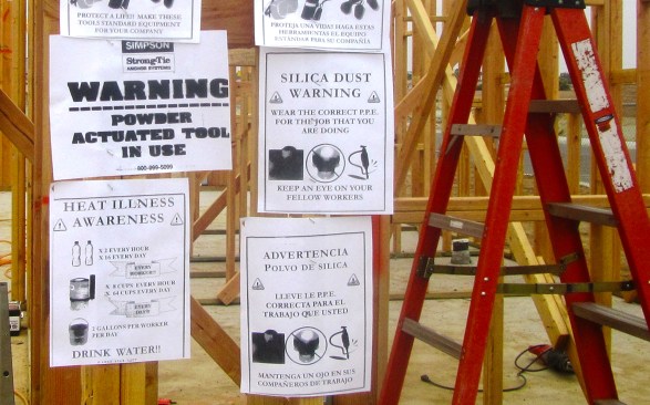 As with every OSHA standard, training and communication are big factors in Cal/OSHA’s enforcement of the heat illness– prevention rule. Here, an employer has posted warnings about heat illness alongside warnings about other jobsite hazards.