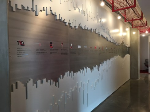 This is a wall within Hilti's U.S. corporate headquarters that shows the evolution of some of Hilti's tool offernings. The white section has a cool story around it. It's actually a visiul respresentation of the sound waves from one of Hilti's tools. 