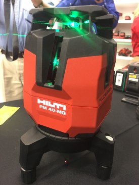 PM40MG - multi green line laser level. Has 360 degree horizontal and two verticals that intersect the horizontal at 90 degrees to create 4 vertical lines in all. The unit has a plumb dot down and cross at the top where lines intersect. It has a reported 10 hours of runtime on 12V 2.6Ah battery. The unit will sell for $799 kitted - one battery, charger, and a case. Batteries charge fully in 15-20 min. 