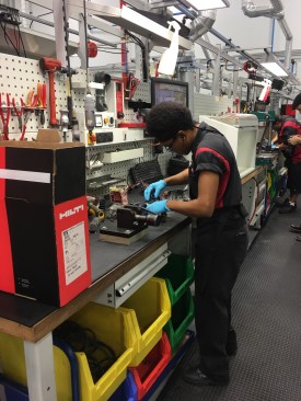 We got a look at how Hilti's 20-year, 2-year, 1 Day tool warranty plays out in the service center. Here, a technician is repairing a tool that had just come in for servicing that morning. Hilti's repair turnaround is 1-day so, with shipping, the longest a user is typcially out a tool is 3 days. They have a loan-program that fills in the gap during that time for companies that pay for it. The service center was the cleanest, most organized most of us have ever seen. 