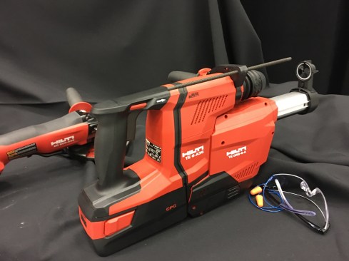 Given the new OSHA standard, Hilti had all of its dust collection accessories and options on display. Here is the new TE 6-A36 Cordless Rotary Hammer. Hilti says this 36V rotary hammer is designed for "serial drilling" into concrete up to 5/8" diameter - thanks to its lightweight and speed (it was much faster than previous generation). It's shown here with the optional TE DRS-6-A T1, which runs off of the battery. A full kit, which includes the dust collection, 2 batteries, a charger, 4 bits and a case goes for $1000. Tool only is $450.