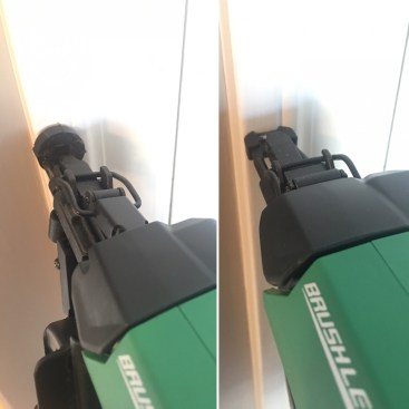 Easy sight-lines. The toolless jamb-release mechanism stays tight to the nose on these nailer, leaving a clear line of sight to the nose. On the angled 15-gauge nailer, left, the whole nose mechanism is canted in relation to the nailer housing and barrel, which takes some getting used to. The no-mar tip and push lever of the 18-guage brad nailer, right, sit behind the firing head making it easy to accurately locate brads.