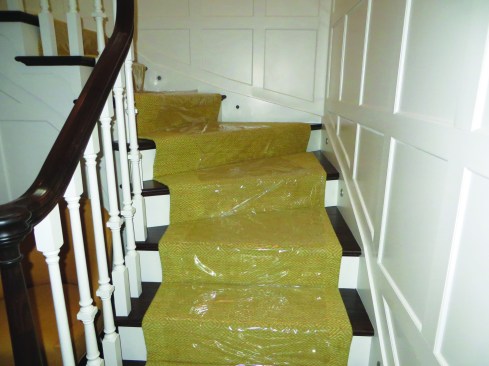Carpeted stairs can be covered with adhesive plastic.