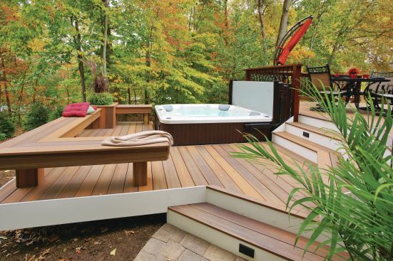 By lowering a section of this deck, we were able to give the hot tub its own level, creating a dedicated spa area that offered a little more privacy from the homeowner’s neighbors.