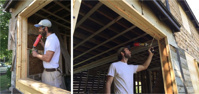 House Revivers project manager David Kelly works on air-sealing and moisture management details for a re-framed window opening. He starts by filling large gaps in the built-out rough opening using canned insulating foam.