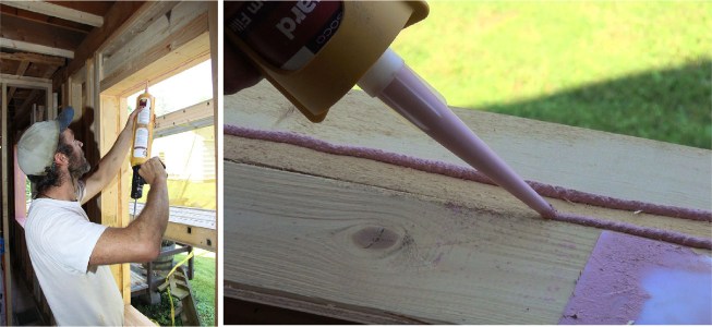 Kelly has decided to use the Prosoco R-Guard system to waterproof the window rough openings. Here, he applies Prosoco Joint and Seam Filler to fill a large gap.