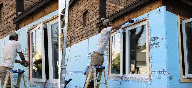 Sealing the joint between the foam insulation and the window buck fur-out with Dow Weathermate tape.