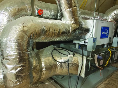 Under humid atmospheric conditions when temperatures are moderate, air conditioning systems by themselves can’t effectively control indoor humidity. Here, an Ultra Aire dehumidifier is ducted into the air distribution system of a central heating and cooling system. The dehumidifier independently manages humidity, responding to its own controls.