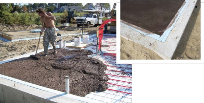 Four-inch-thick foam board provides R-20 insulation under and around the edges of the radiant floor slab (left), which is tinted chocolate brown to serve as the finished floor. The inside 2x4 wall of the 11 1/4-inchthick double framing will cover the exposed foam around the perimeter (right).