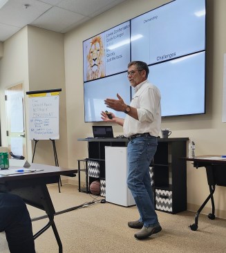 Tim Faller at work leading a discussion.